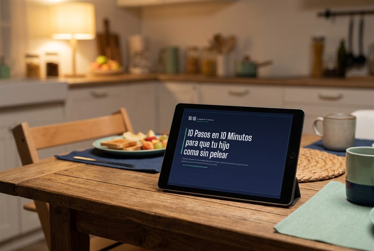 La guía Que tu hijo coma sin pelear en una tablet, en una mesa familiar tranquila.